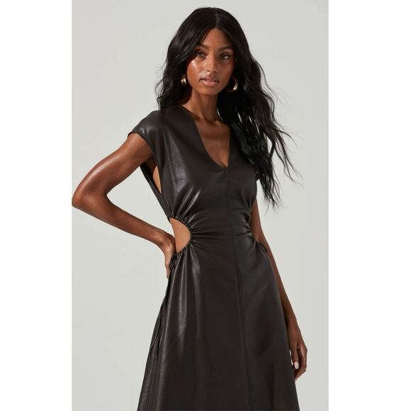 NWT ASTR The Label - Miranda Faux Leather Cutout Midi Dress in Brown (Size S) - Picture 2 of 8